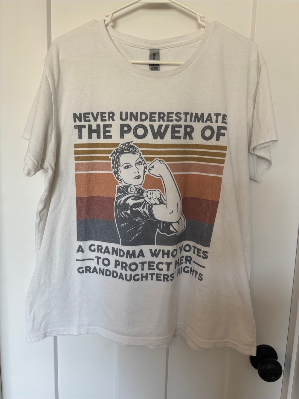 Political Short-Sleeve Tee with Retro Rosie Graphic and Stripes